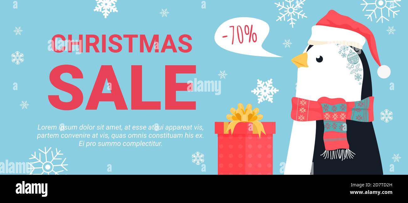 Christmas sale special offer promo vector illustration. Cartoon penguin in Xmas red hat promotes big discount in retail store for buying gifts for Merry Christmas and winter holiday season background Stock Vector