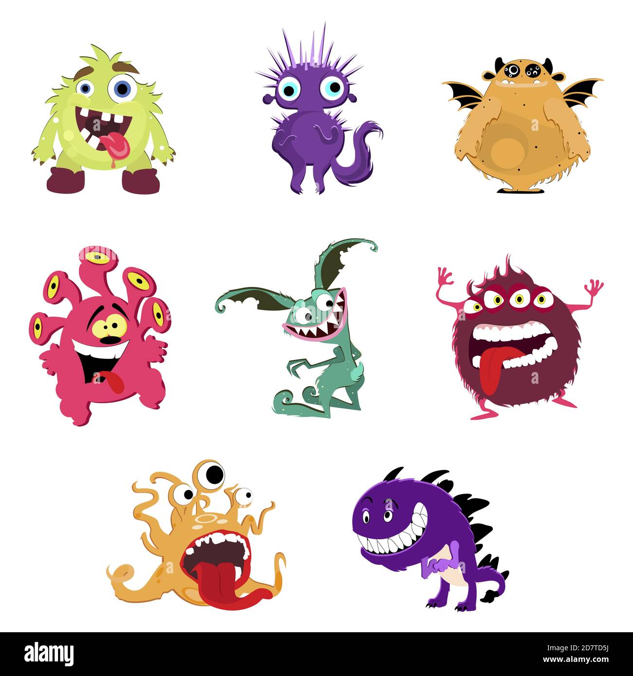Cute cartoon monsters. Vector goblin or troll, cyclops and ghost. Illustration funny monsters set with original ears tails and eyes. Tentacle bizarre Stock Vector