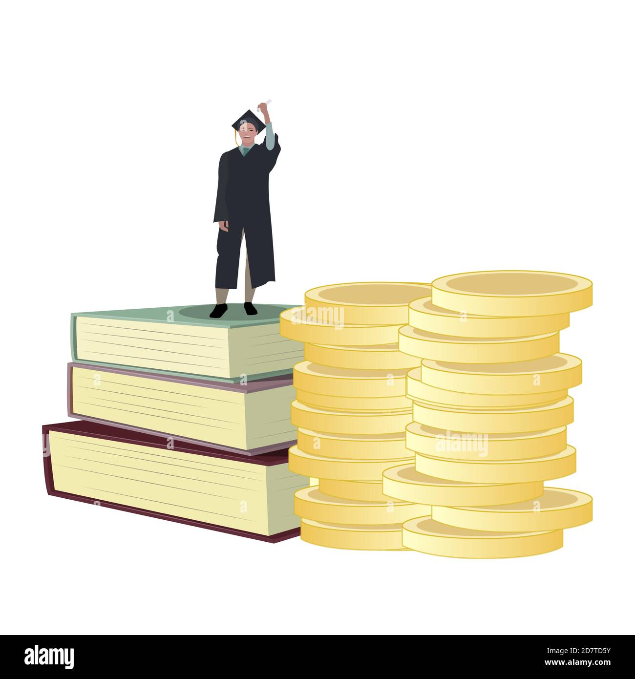 Student get scholarship to study in university. Money stack and books for graduation. Vector education finance grant to learning in college illustrati Stock Vector