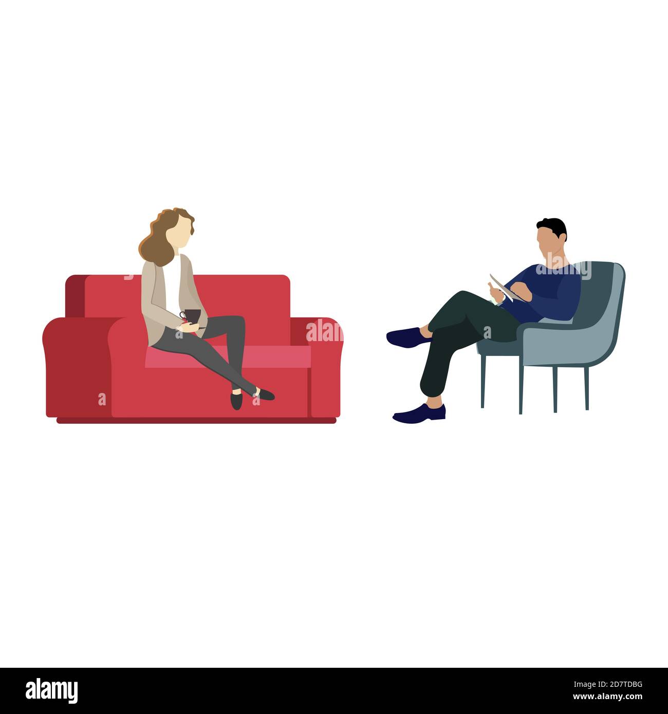 Professional psychological assistance, psychotherapist working with patient, psychiatry help, medical therapy by physician, solving appointment psychi Stock Vector