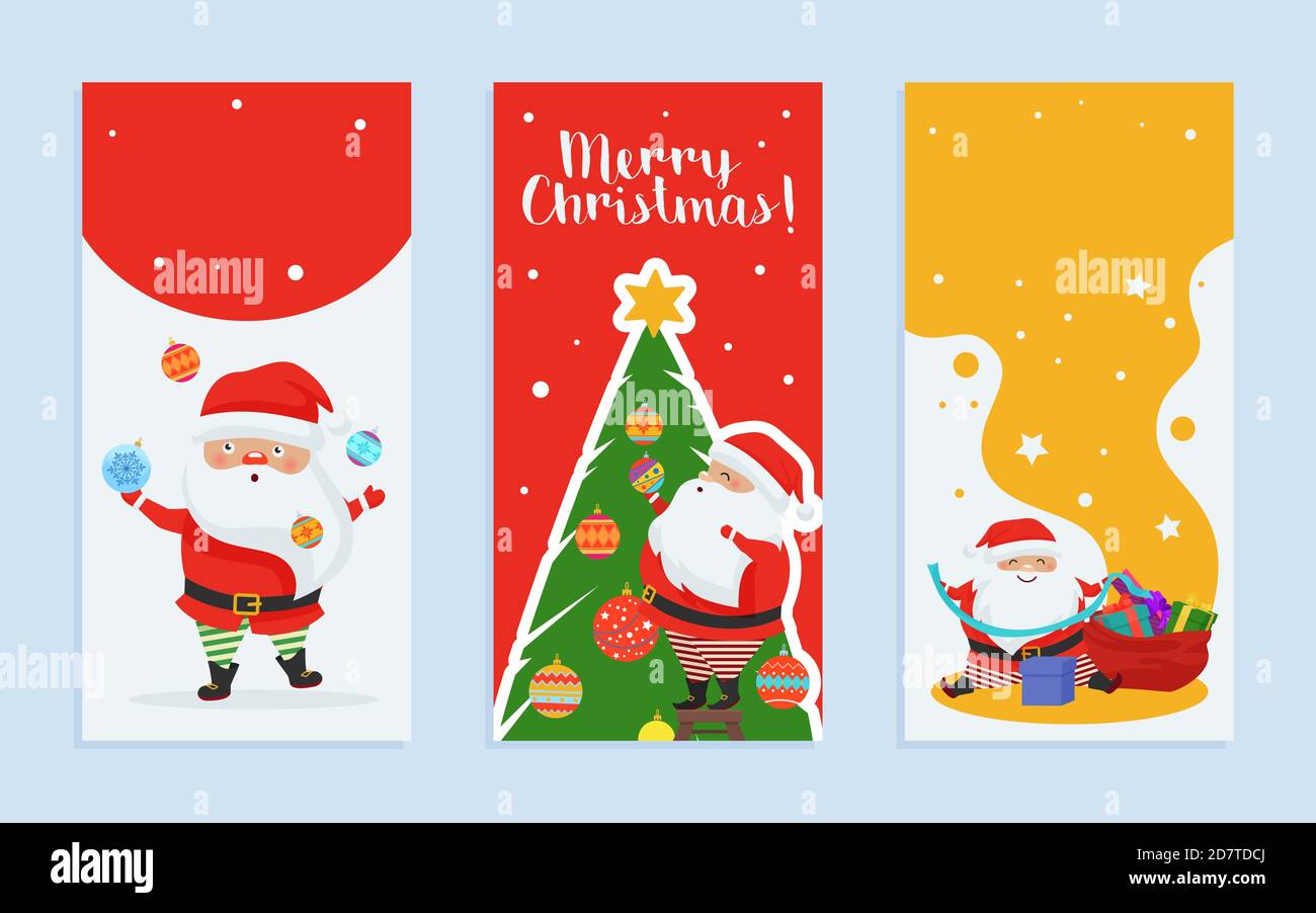 Merry Christmas greeting card vector illustration set. Cartoon cute ...