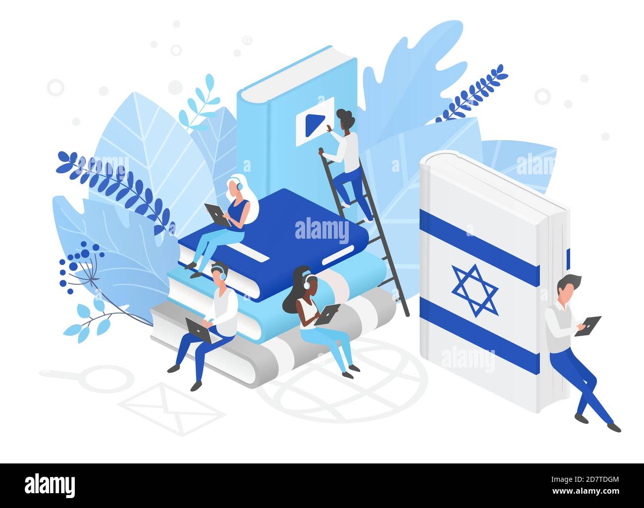 Online Hebrew language courses isometric 3d illustration. Distance education, remote school, Israel university. Language Internet class, students reading books. Teaching foreign languages. Stock Vector