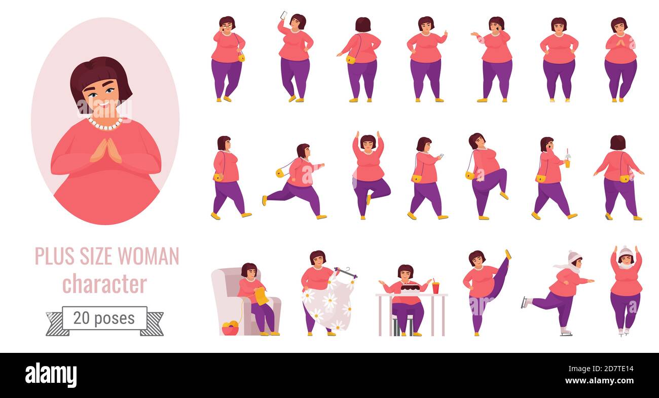 Plus size woman poses vector illustration set. Cartoon cute fat female character collection with large curvy lady posing, doing sport or yoga exercises and skating, eating big cake isolated on white Stock Vector