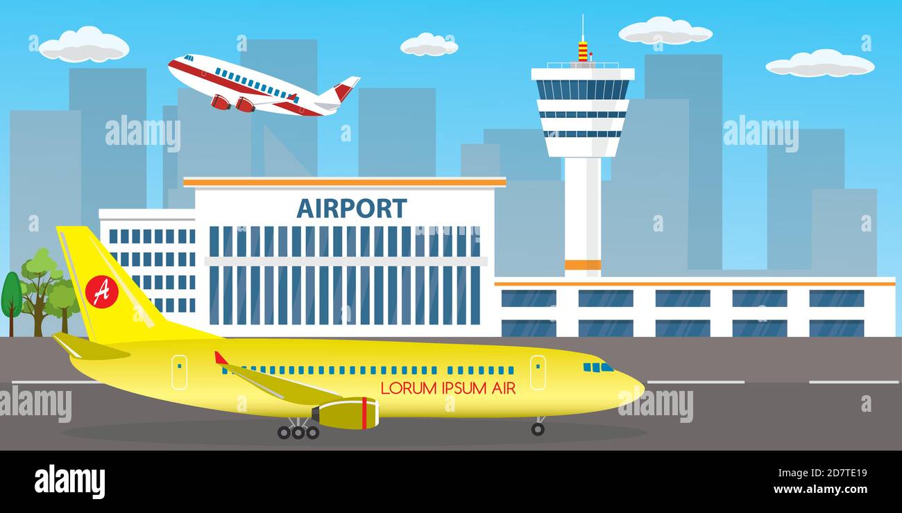 Airport buildings, control tower, runway and take-off modern air Stock Vector