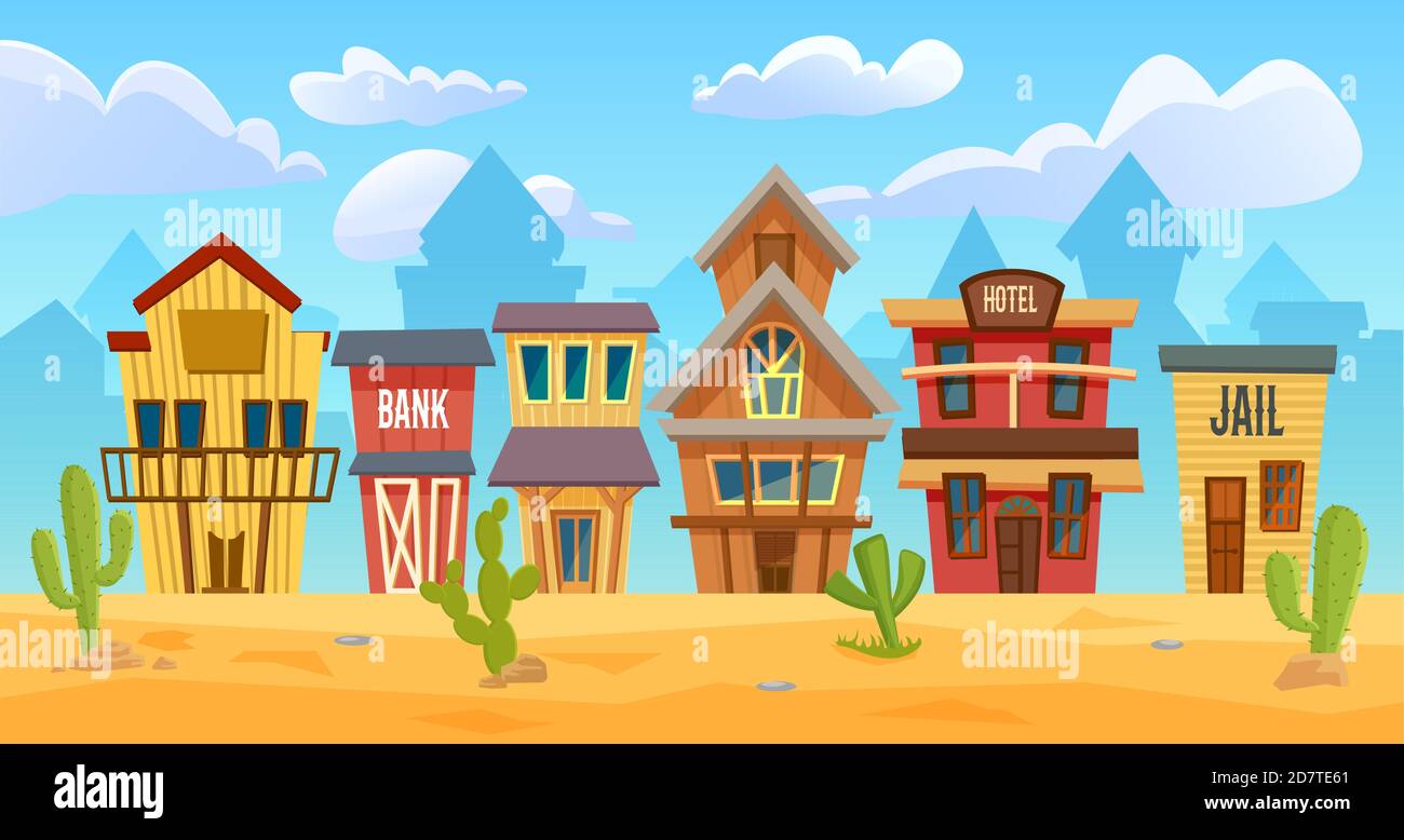Wild west city vector illustration. Cartoon western cityscape with old wooden house buildings for cowboys, sheriff office, hotel and bank on street, empty wild western desert landscape background Stock Vector