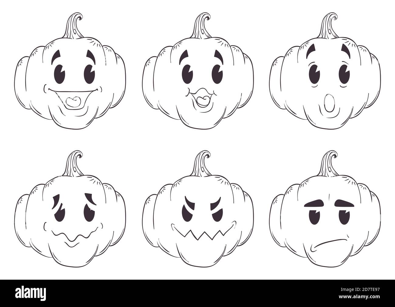 Set of six pumpkins with diverse gestures in outline style: smiling, taking breath, surprised, drunken, mischievous and angry. Stock Vector