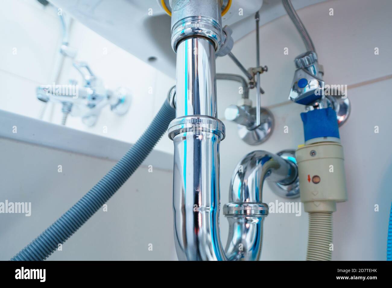 plumbing drain pipe In bathroom Stock Photo