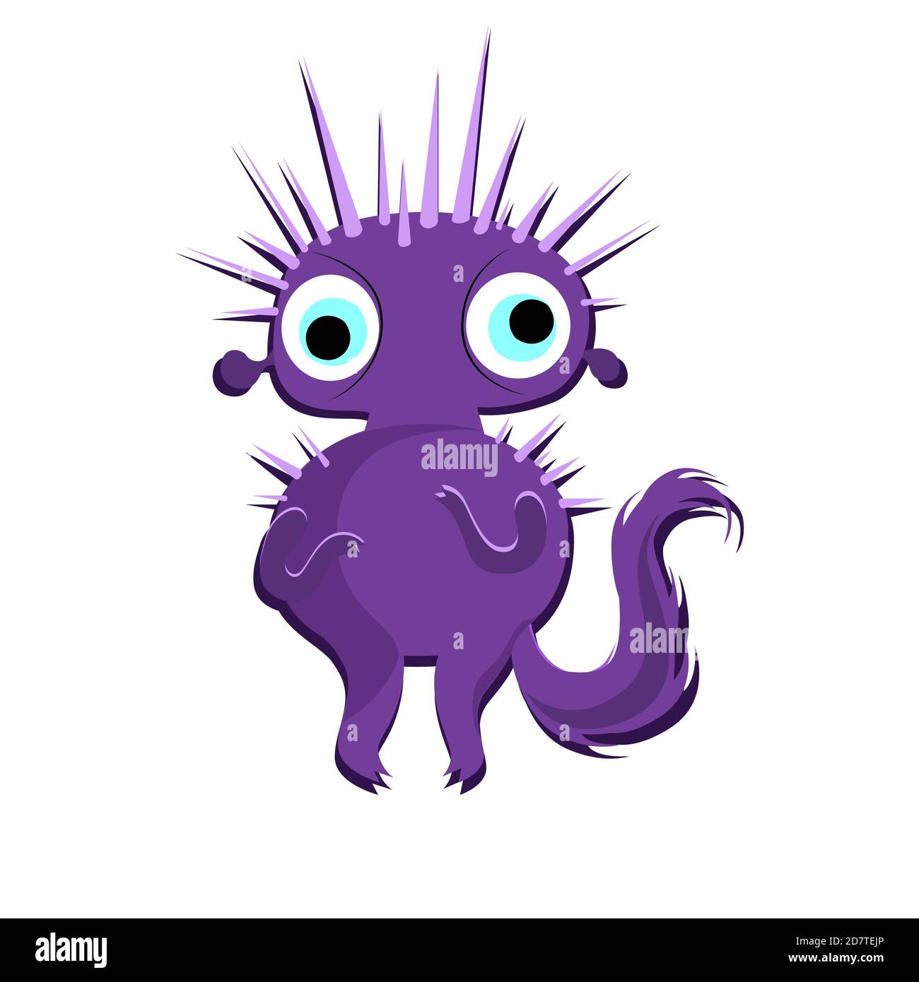 Purple halloween monster with sharp thorns and long tail. Vector mascot goblin spooky, bizarre cute face illustration Stock Vector