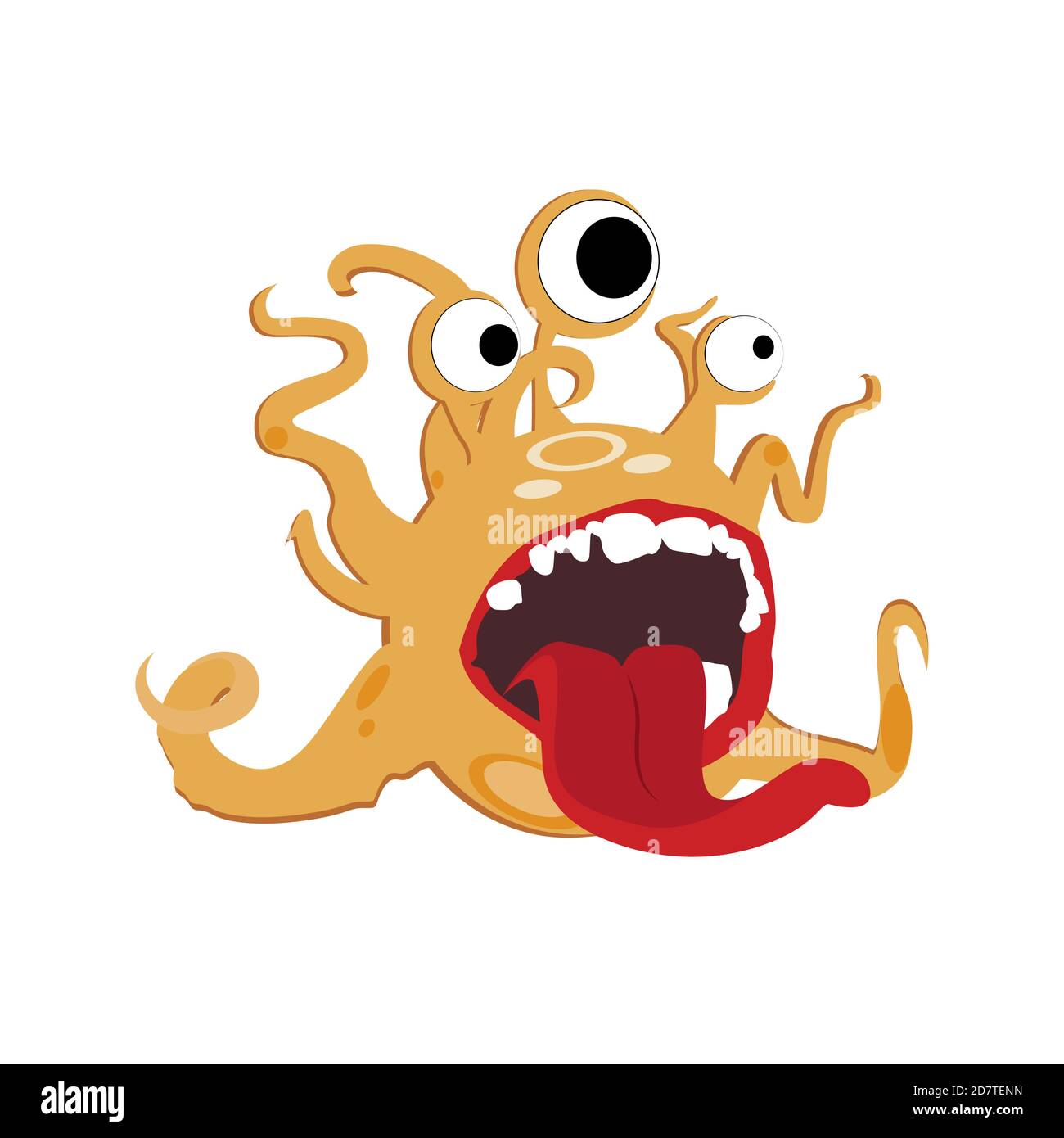 Cute monster with round eyes and tentacles. Funny mascot angry and crazy with open mouth and stick out tongue, screaming face troll. Vector illustrati Stock Vector