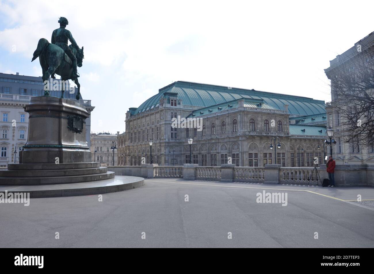 Statue of Archduke Albrecht with Vienna Opera Behind Stock Photo