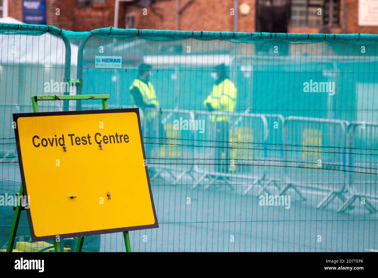 Yellow Covid Test Centre signs in Leamington Spa, Warwickshire, UK Stock Photo