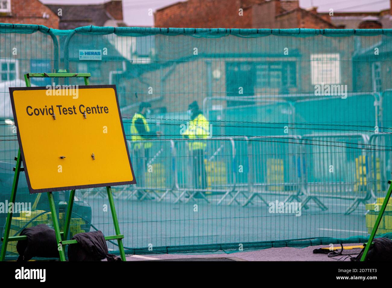 Yellow Covid Test Centre signs in Leamington Spa, Warwickshire, UK Stock Photo