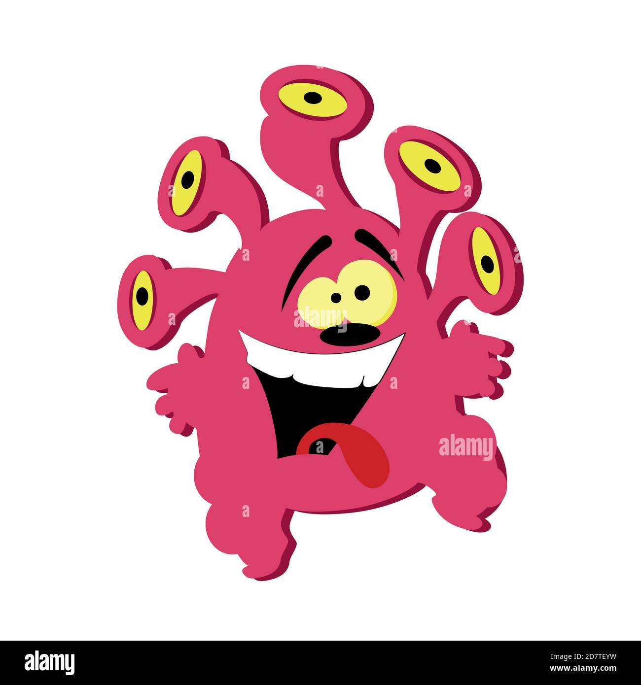 Funny pink monster with group of eyes isolated on white. Illustration crazy active goblin and monster, cartoon goofy toy, gremlin clipart mascot vecto Stock Vector