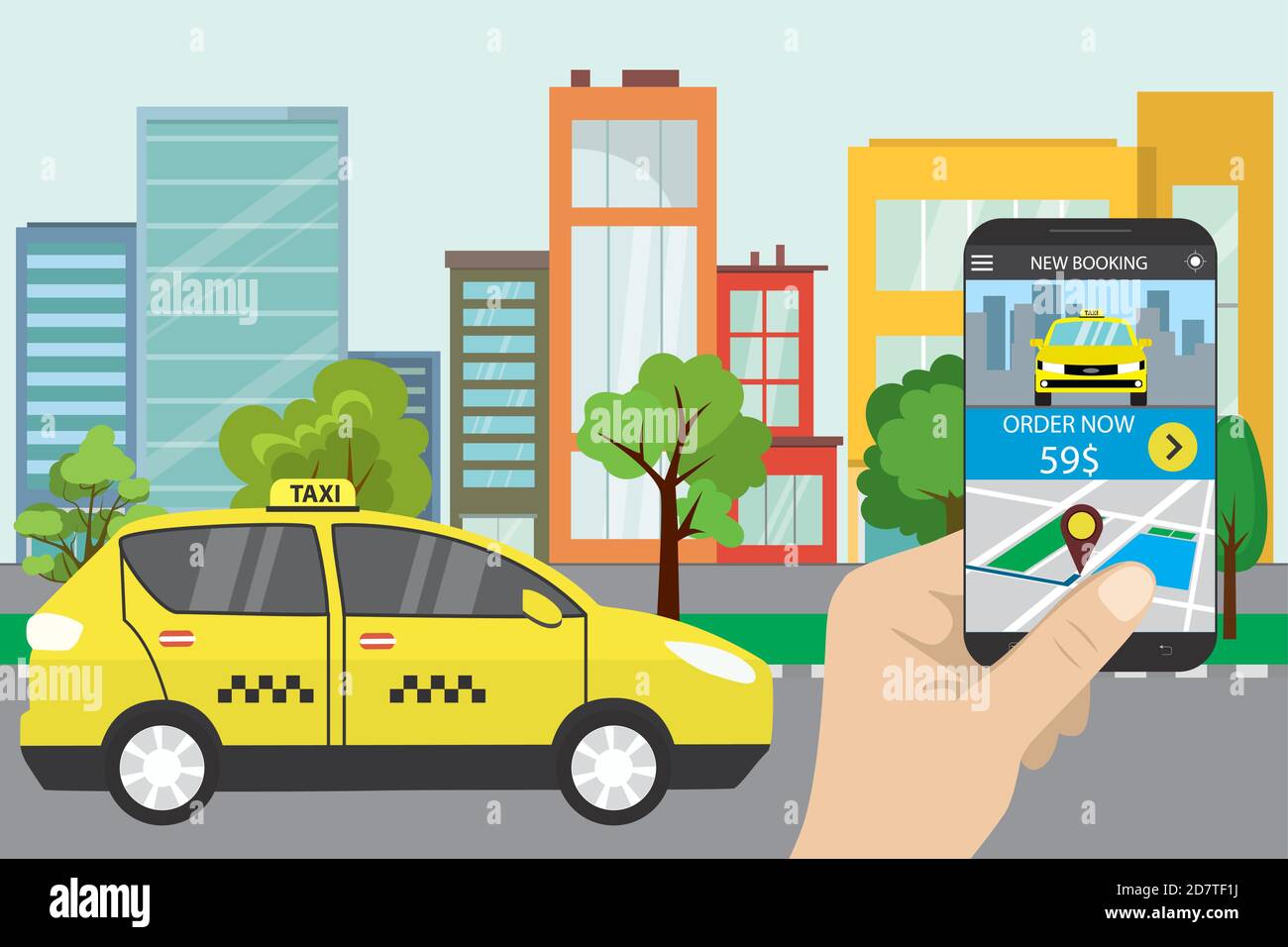 Taxi service on City street,taxi mobile app Stock Vector