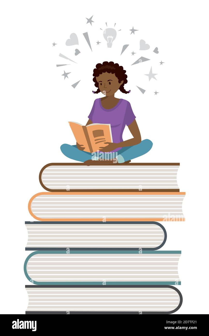 African american female teenager read books,learning process con Stock Vector