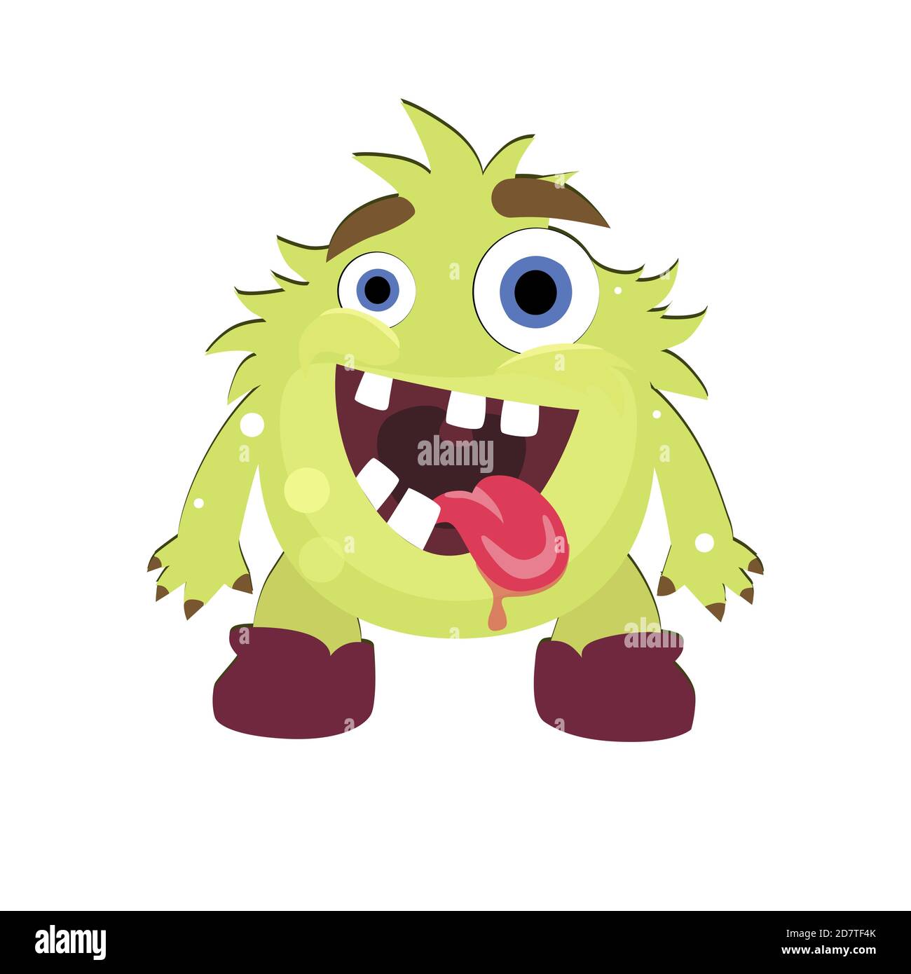 Mad green monster with opening mouth and stick out tongue. Illustration troll halloween, goofy gremlin creature, cute ugly goblin face vector Stock Vector
