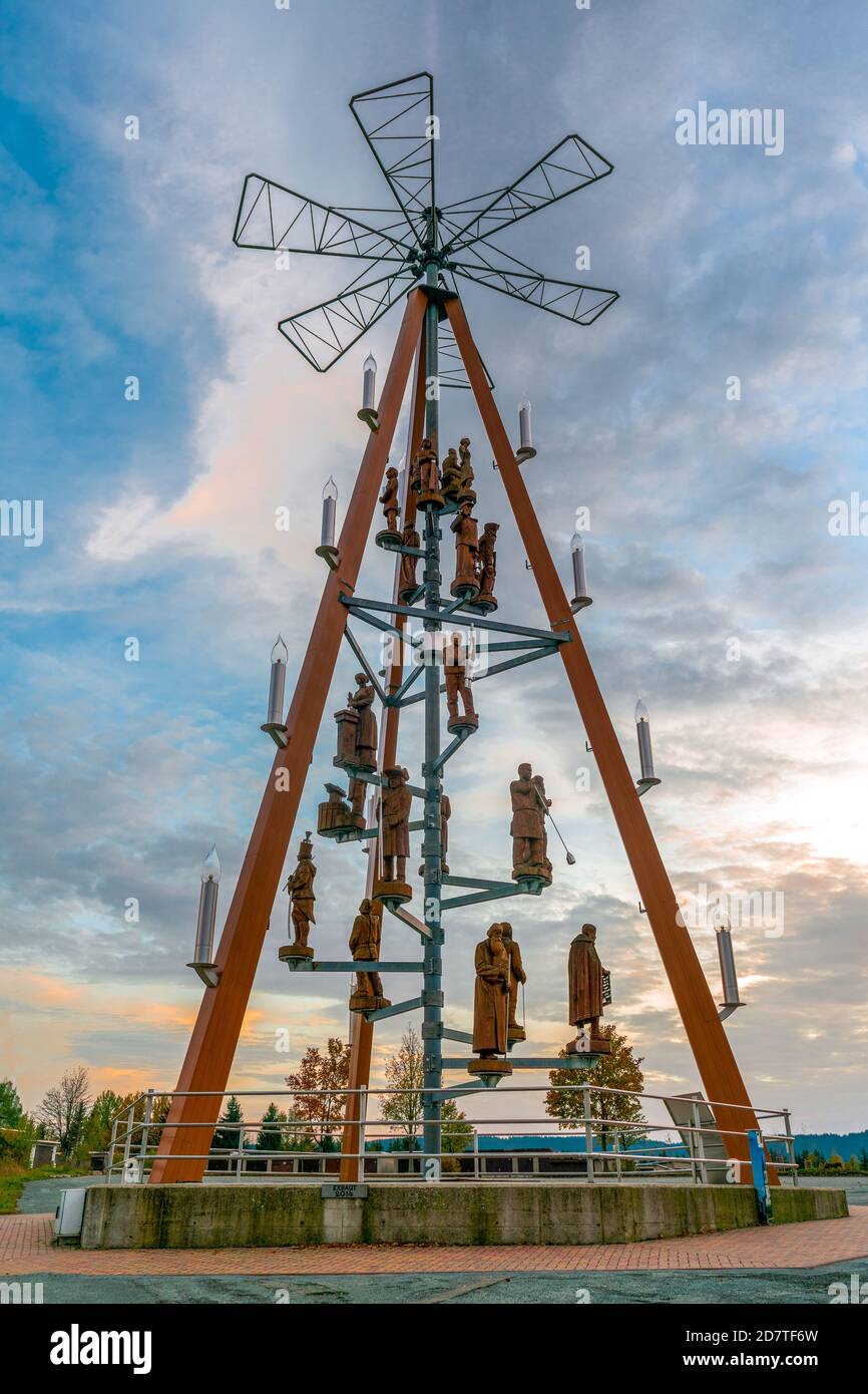Johanngeorgenstadt, Saxony, Germany - october 21, 2020: Typical lifesize wooden christmas pyramid in  the german ore mountains at dawm Stock Photo