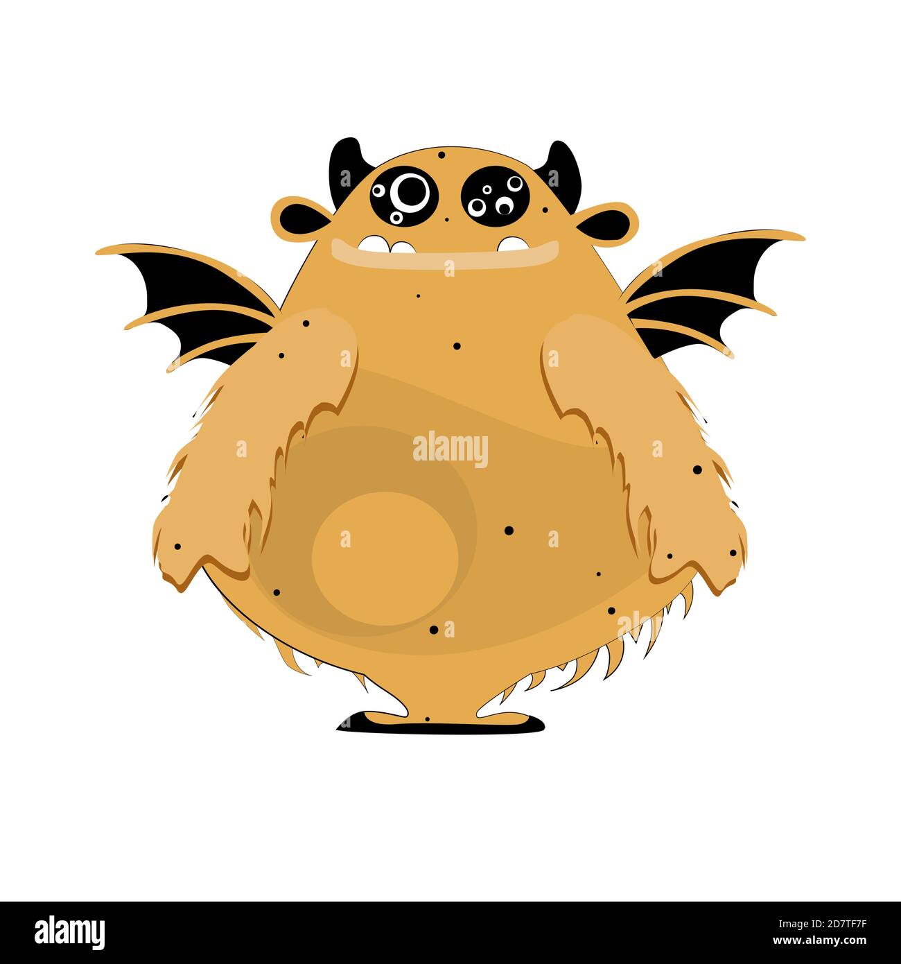 Fur confident monster with wings isolated on white. Vector mascot halloween, goofy confident and angry expression, toy bigfoot illustration Stock Vector