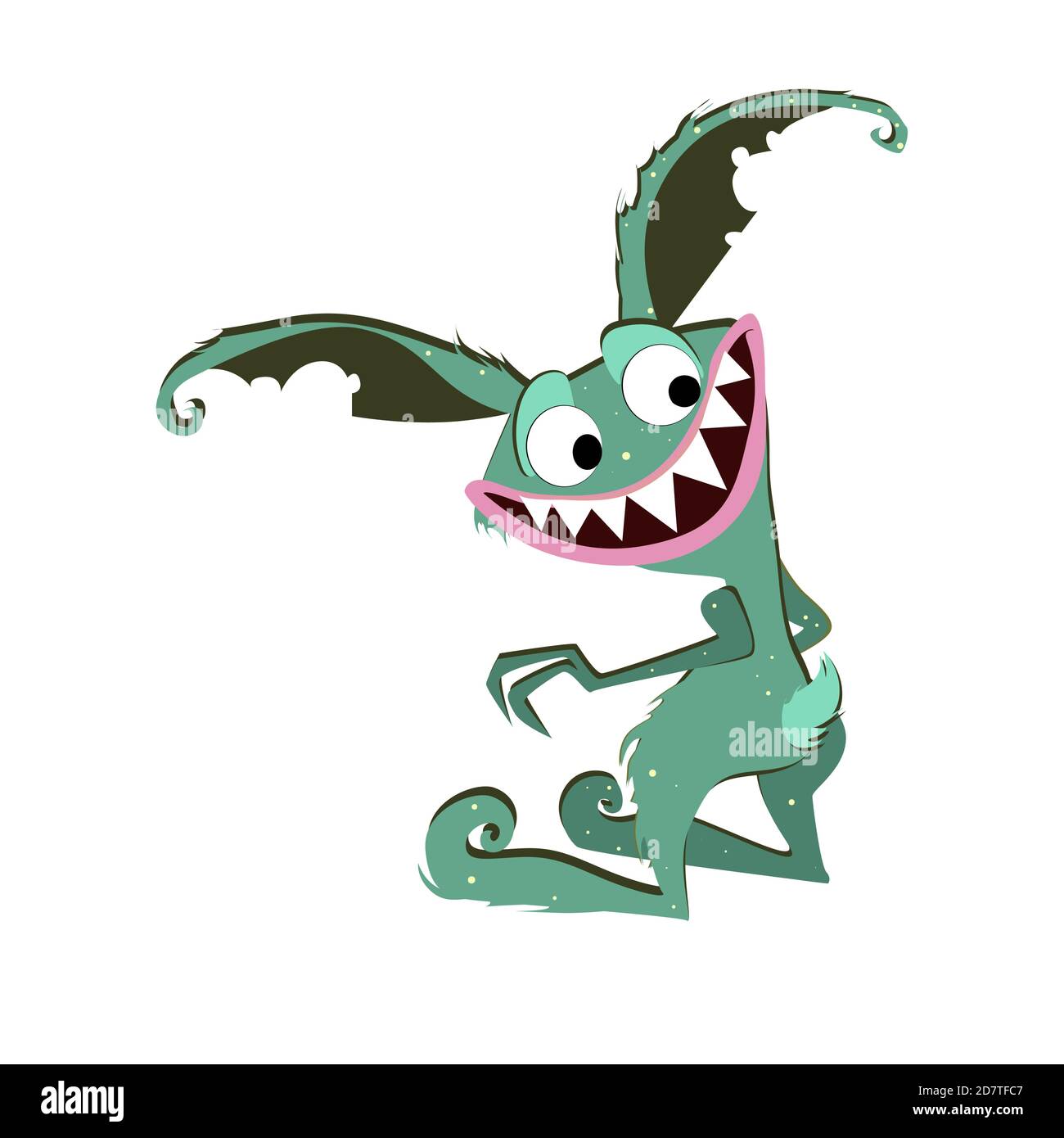 Eared gremlin smiling isolated on white background. Vector monster goblin character, alien gremlin, bizarre mascot, cute cunning look illistration to Stock Vector