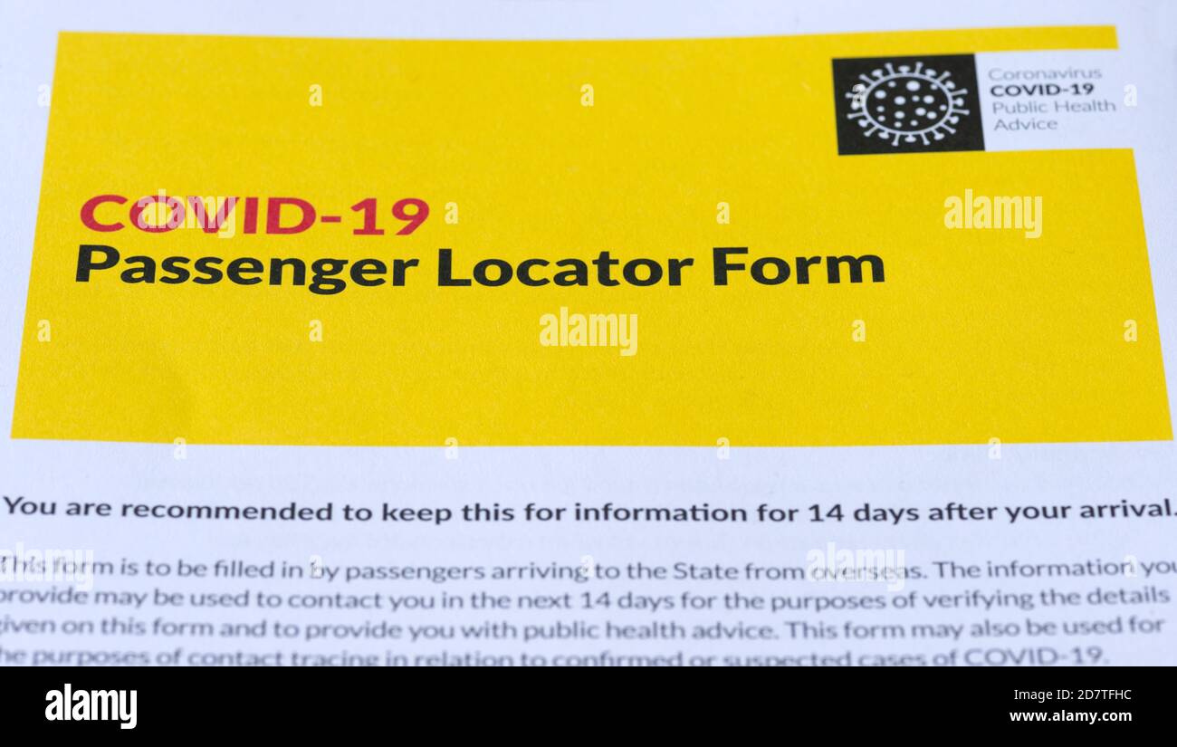 Covid 19 Passenger Locator Form as must fill in document prior arriving in the Republic of Ireland from abroad during the Covid 19 pandemic in Ireland Stock Photo