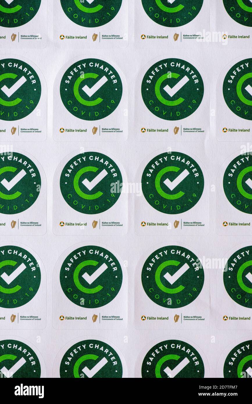 Safety Charter Covid 19 stickers as a tourism support for approved and safe for visiting tourism and hospitality businesses in Ireland Stock Photo