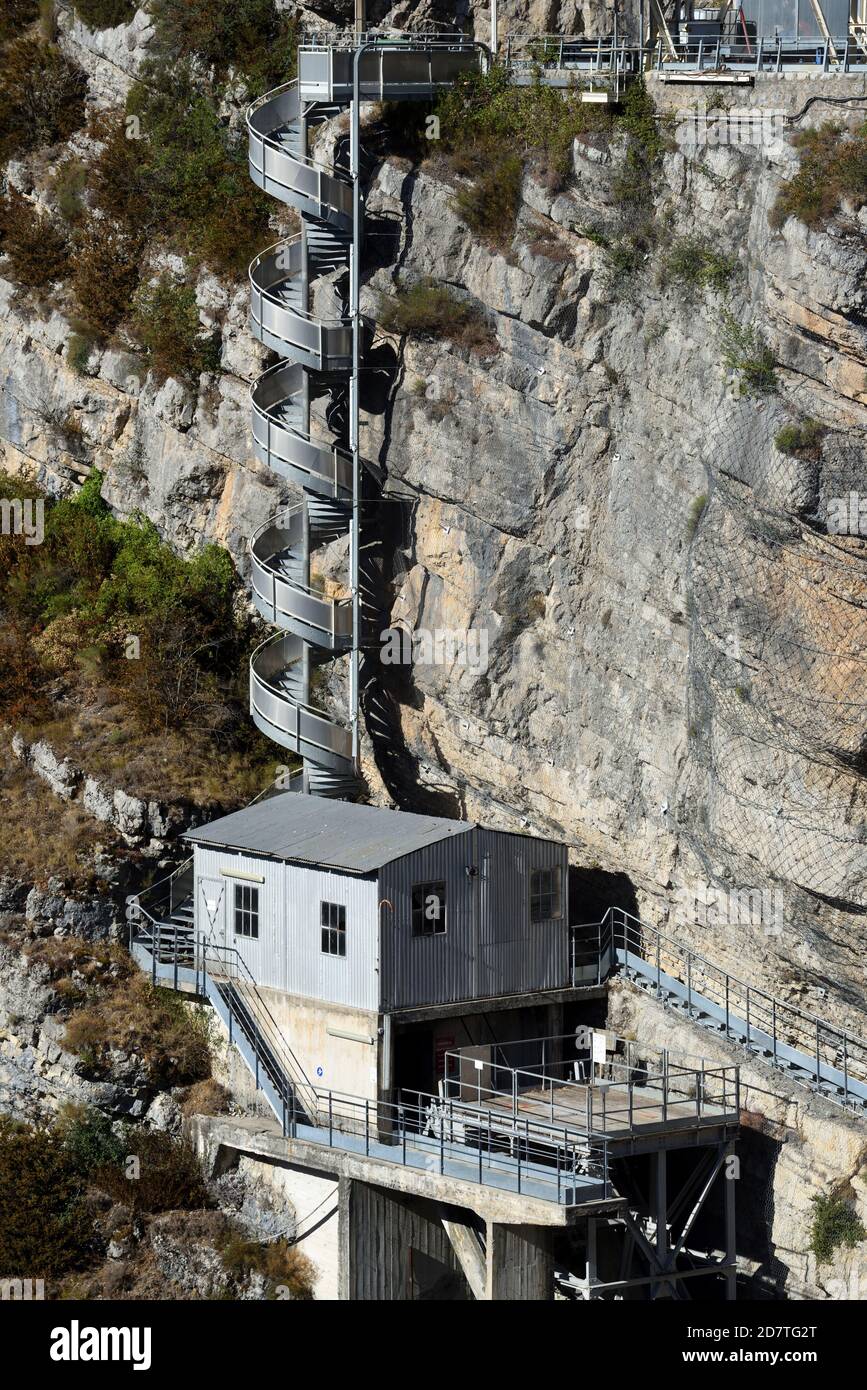 Work Platform & Spiral Staircase Linking Workshop with Top of Cliff at Castillon Dam near Castellane in the Verdon Gorge Provence France Stock Photo