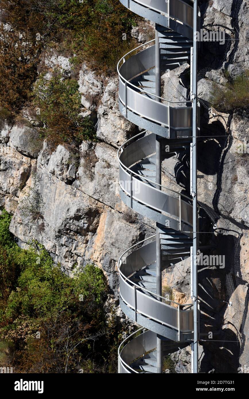 Aluminium Metal or Industrial Spiral Staircase or Spiral Stairs on Cliifs next to Castillon Dam in the Verdon Gorge Regional Park Castellane France Stock Photo
