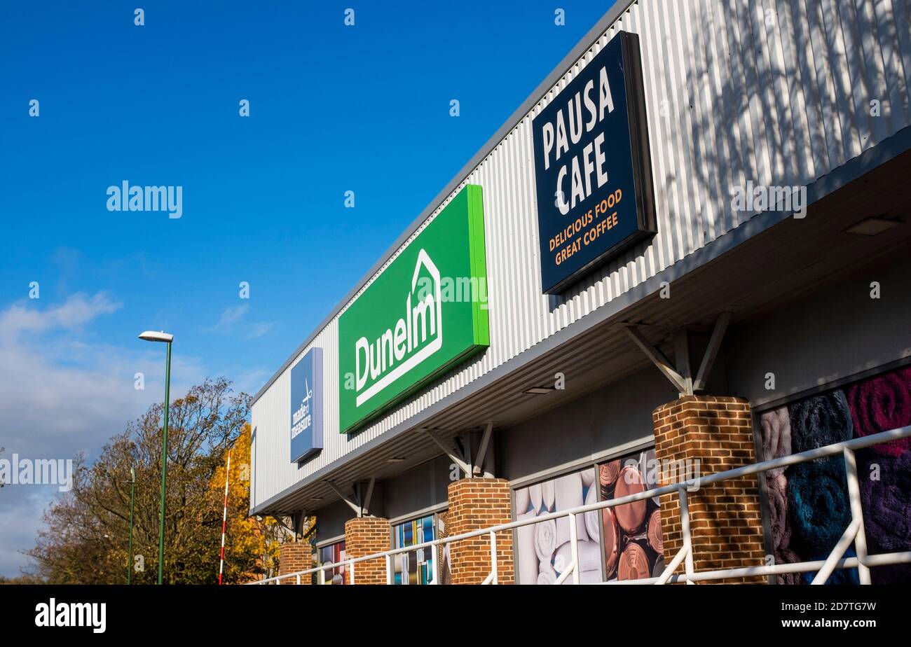 Dunelm shop sign exterior and Pausa cafe at Shoreham in West Sussex UK Dunelm is the UK's leading home furnishing retailers Stock Photo