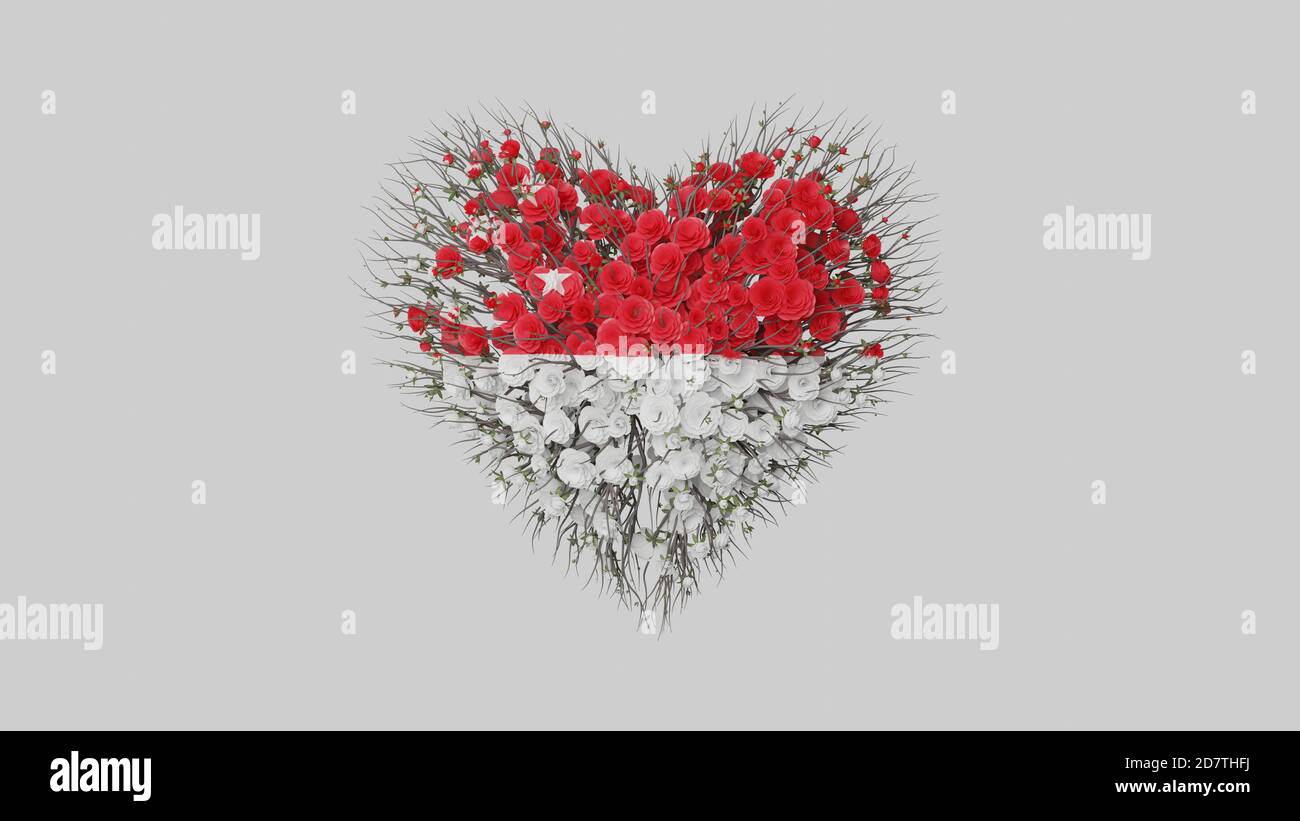 Singapore. National Day. August 9. Heart shape made out of flowers on white background. 3D rendering. Stock Photo