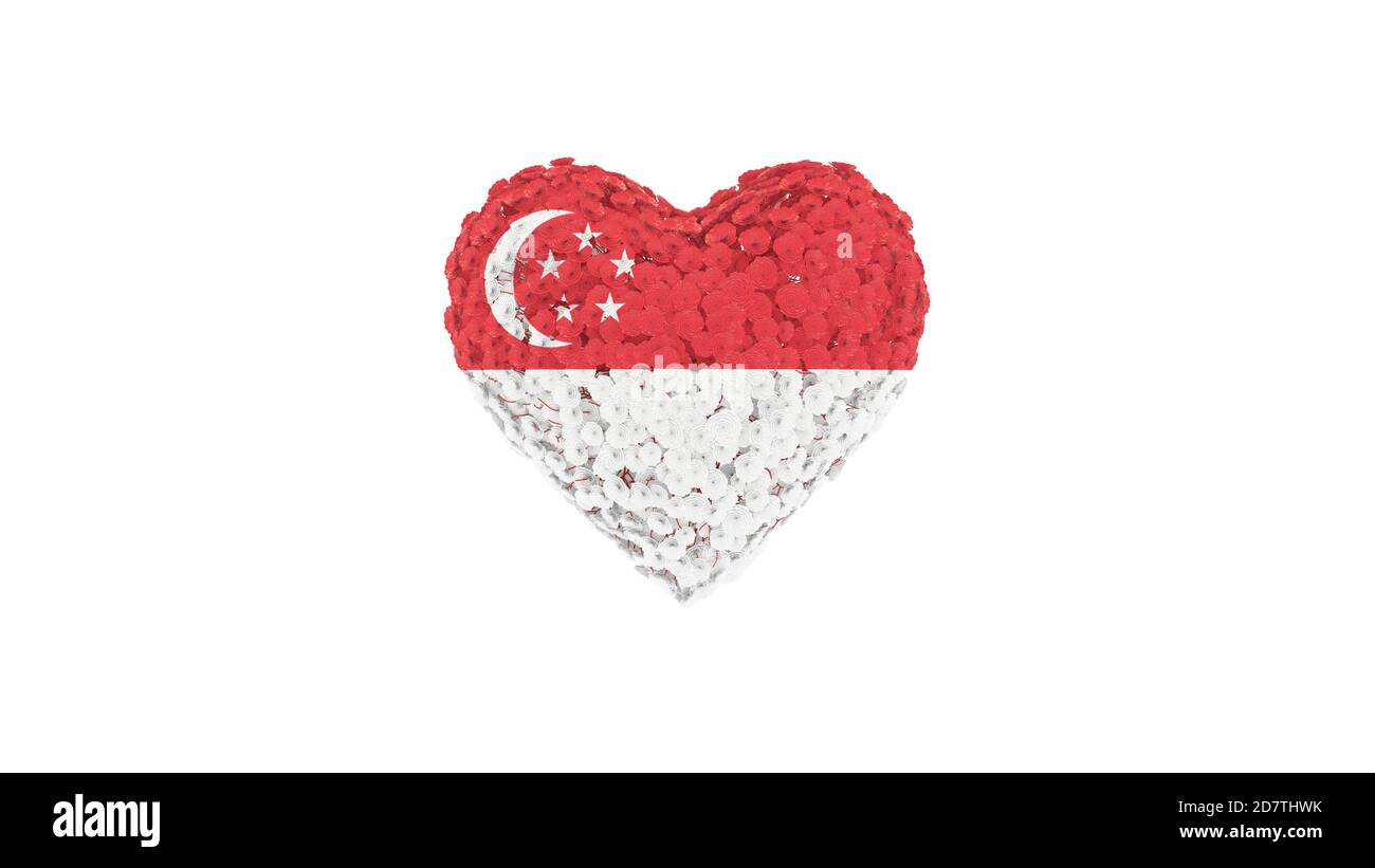 Singapore. National Day. August 9. Heart shape made out of flowers on white background. 3D rendering. Stock Photo