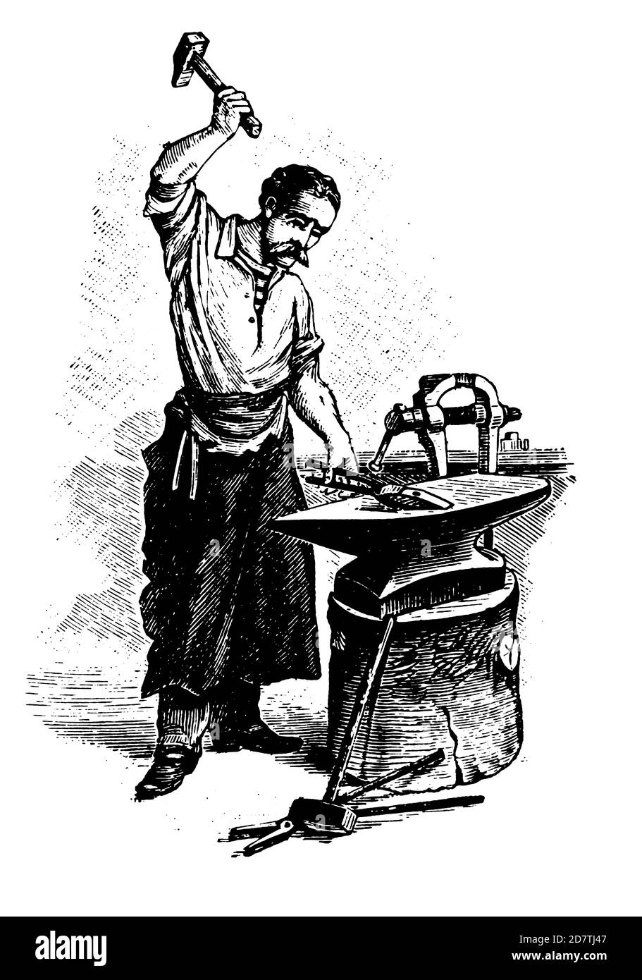 Antique 19th-century engraving of a blacksmith (isolated on white). Published in Specimens des divers caracteres et vignettes typographiques de la fon Stock Photo