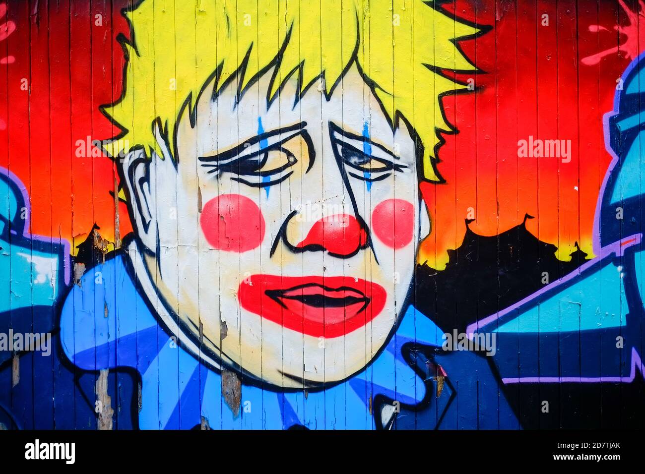 Boris Johnson, London Street Mural, Clown, Fashion Street, Spitalfields, East End, London, UK Stock Photo