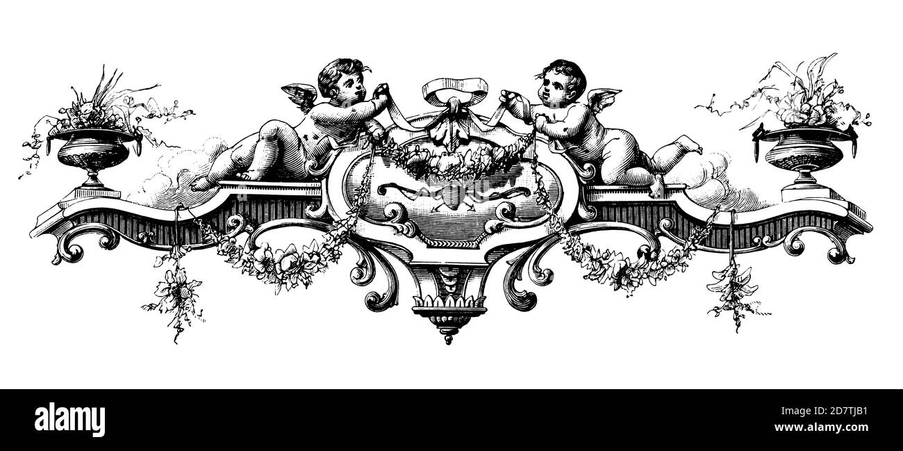 Antique illustration of a frame with cherubs (isolated on white). Published in Specimens des divers caracteres et vignettes typographiques de la fonde Stock Photo