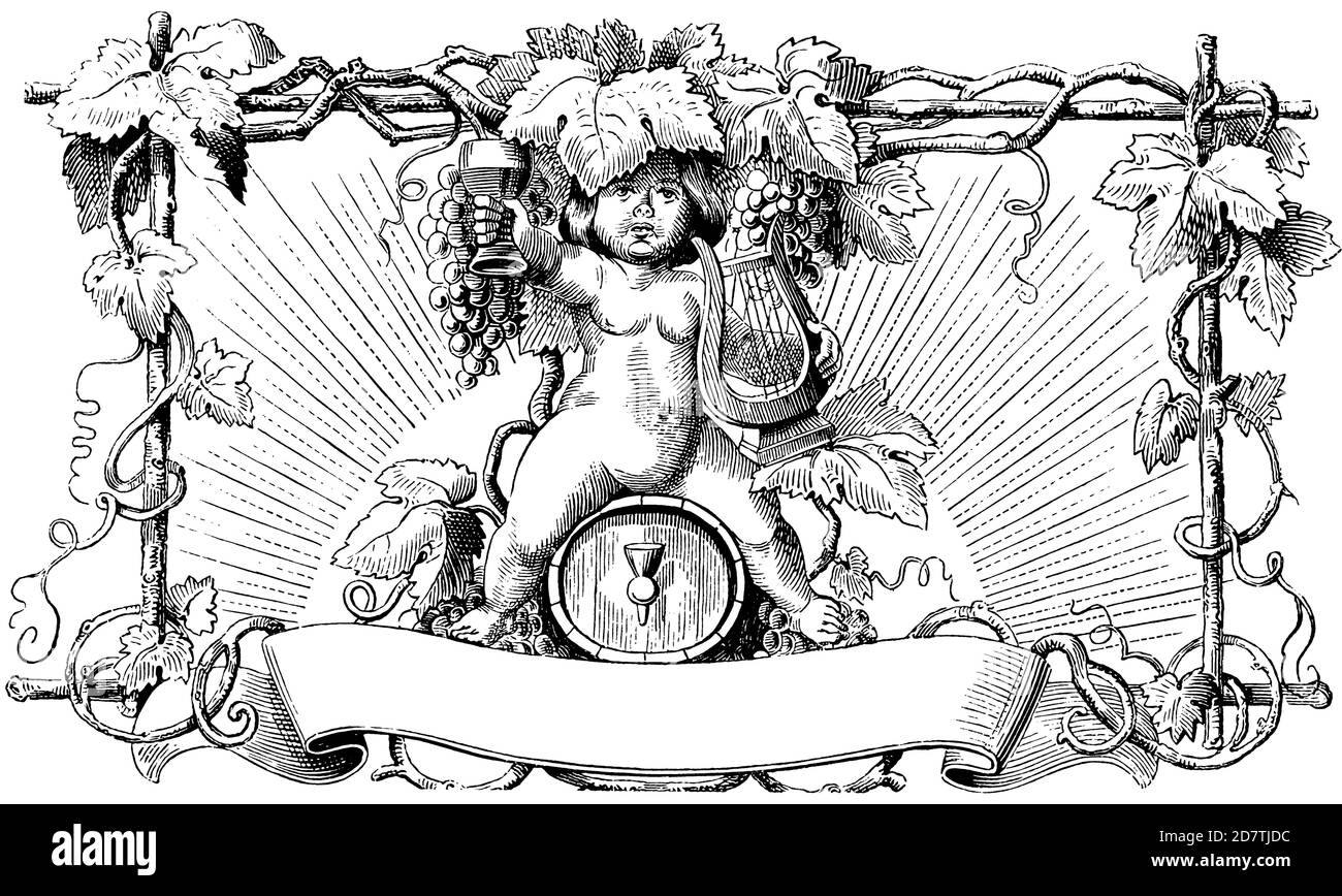Vintage wine label with vines and cherub. Published in Specimens des