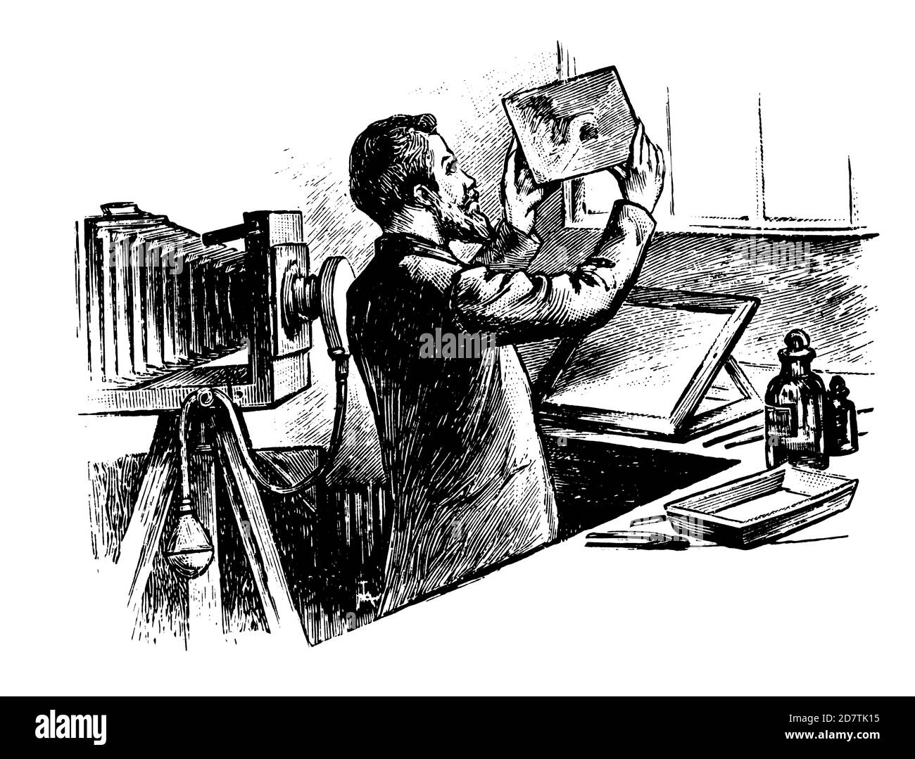 19th-century engraving of a photographer (isolated on white). Published in Specimens des divers caracteres et vignettes typographiques de la fonderie Stock Photo