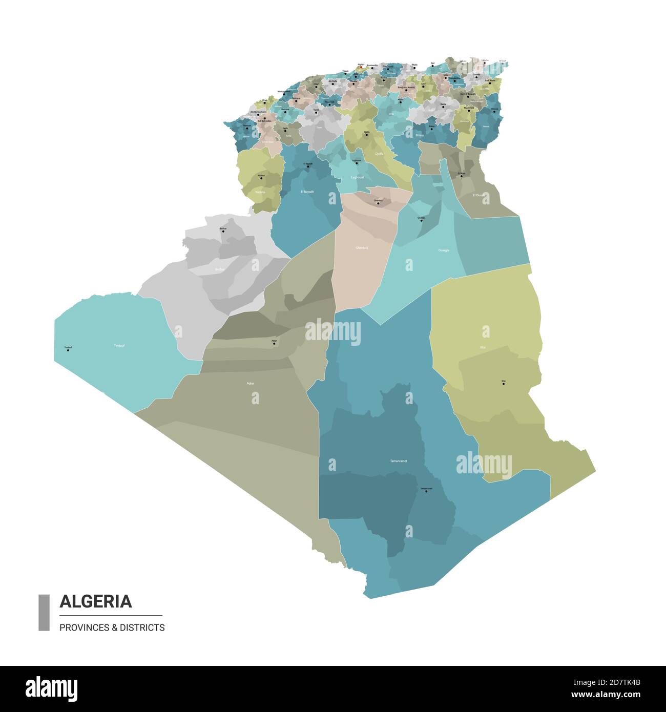 Algeria higt detailed map with subdivisions. Administrative map of Algeria with districts and cities name, colored by states and administrative distri Stock Vector
