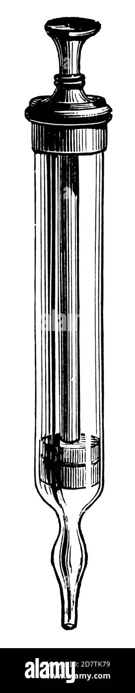 Vintage illustration of a syringe (isolated on white). Published in Specimens des divers caracteres et vignettes typographiques de la fonderie by Laur Stock Photo