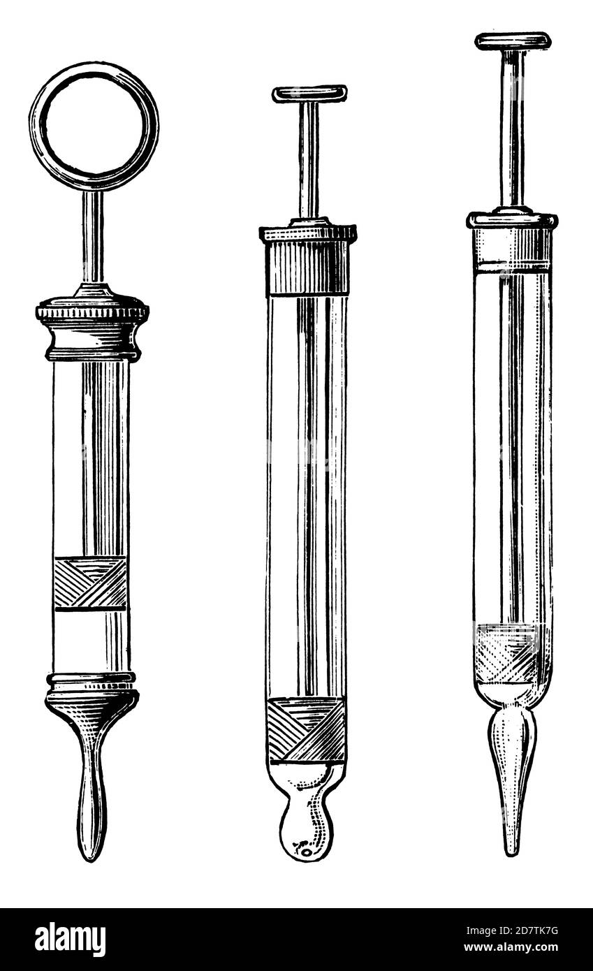 Classic illustration of three syringes (isolated on white). Published in Specimens des divers caracteres et vignettes typographiques de la fonderie by Stock Photo