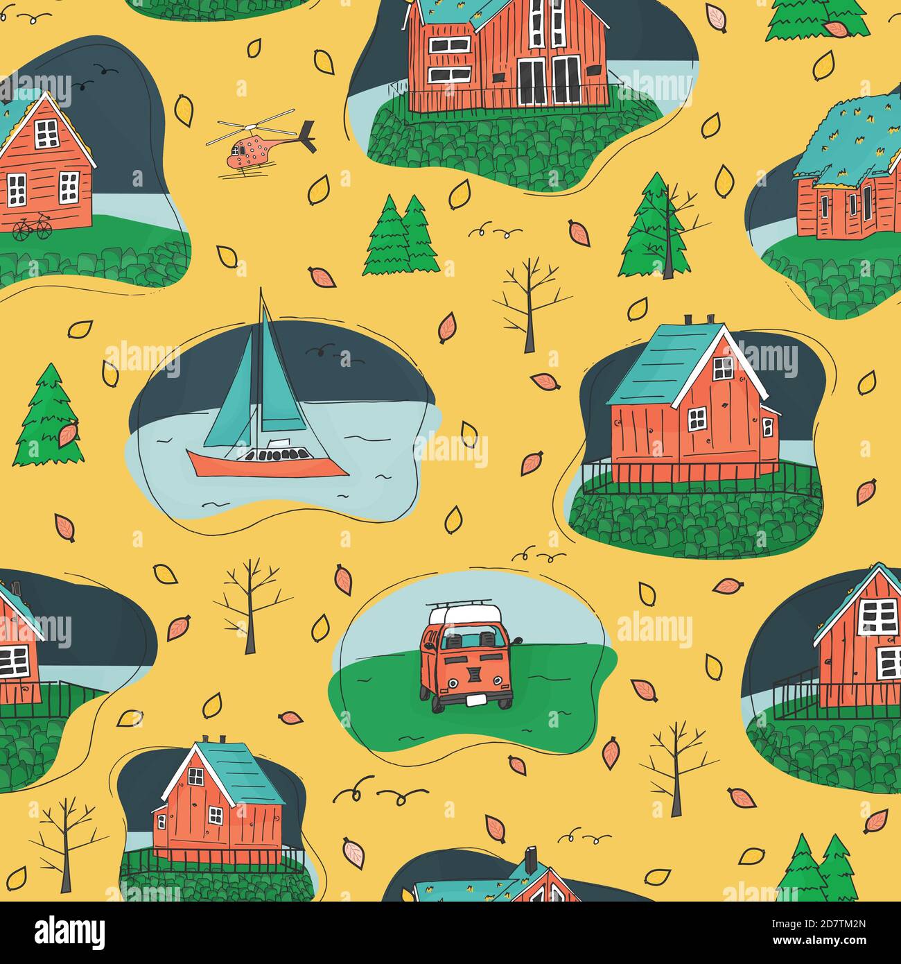 Yellow and pink, blue, green scandinavian wooden houses and trees without leaves with yacht and travel trailer seamless repeat pattern Stock Vector