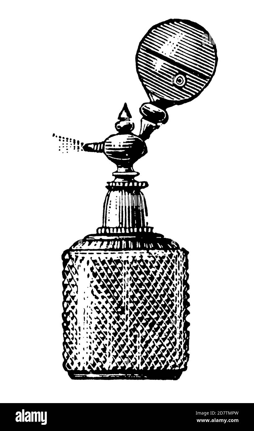 Vintage Perfume Bottle Design - Fragrance Essence Essential Oil Aroma Package (Antique black and white illustration from original vintage source) Stock Photo