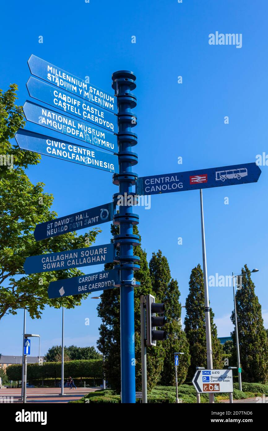 Cardiff, Wales, UK, September 14, 2016 : Street signpost giving directions to Cardiff Bay, Millennium Stadium, Cardiff Castle and the National Museum Stock Photo