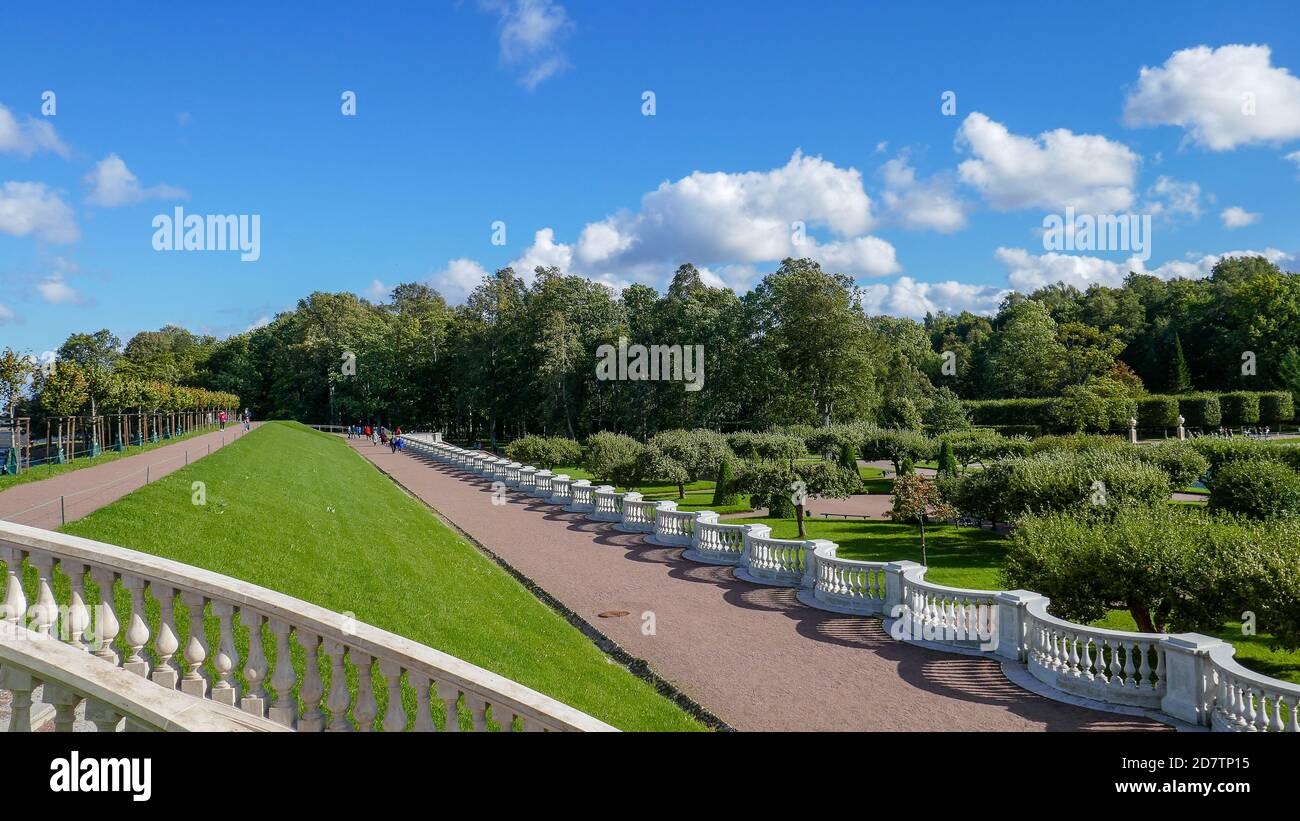 Peterhof is a small town and park near St. Petersburg. Royal fountains, greenery and beauty on the shore Stock Photo