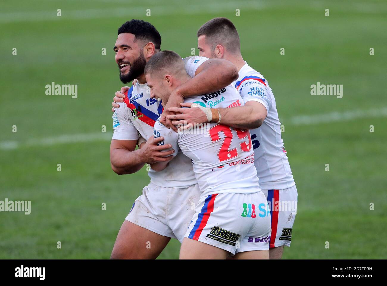 Wakefield Trinity's Ryan Hampshire celebrates scoring a try with Kelepi Tanginoa (left) during the Betfred Super League match at the Mobile Rocket Stadium, Wakefield. Stock Photo