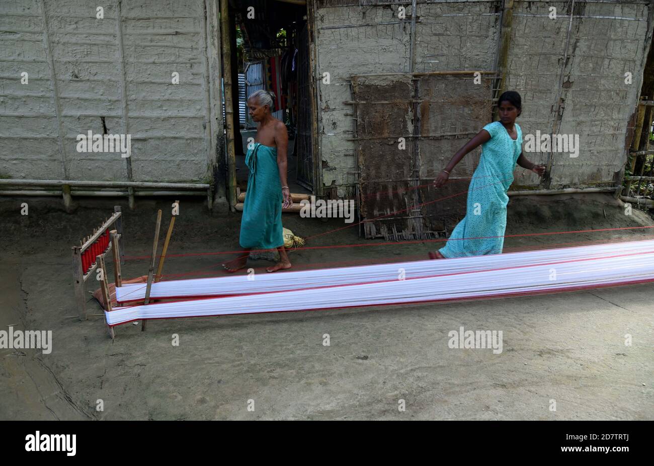 Guwahati, Assam, India. 25th Oct, 2020. An Assamese woman preparing to make traditional Assamese dress through Handloom weaving process at Angardhowa in Baksa district of Assam India on Sunday 25th October 2020. Credit: Dasarath Deka/ZUMA Wire/Alamy Live News Stock Photo