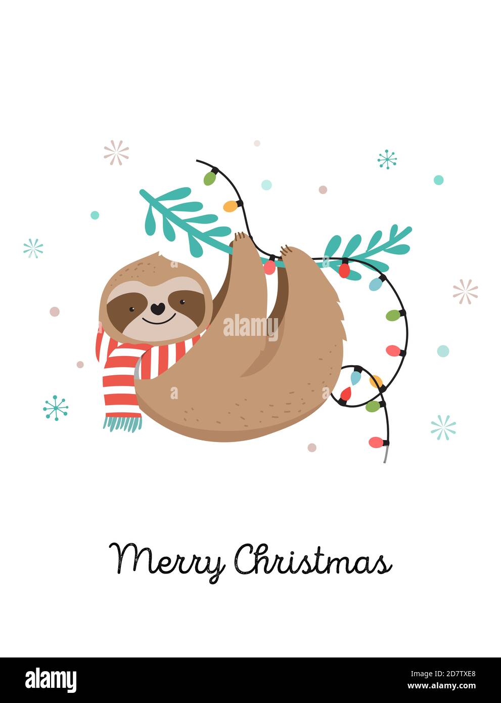 Cute sloth, funny Christmas illustrations with Santa Claus scarf - greeting cards or banner template Stock Vector