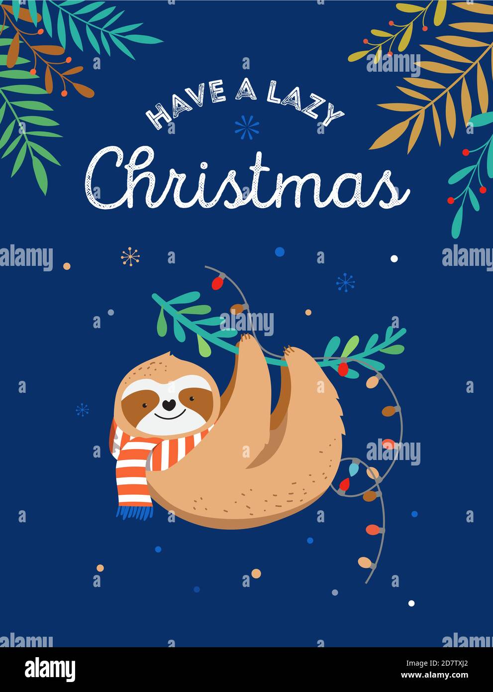 Cute sloth, funny Christmas illustrations with Santa Claus scarf