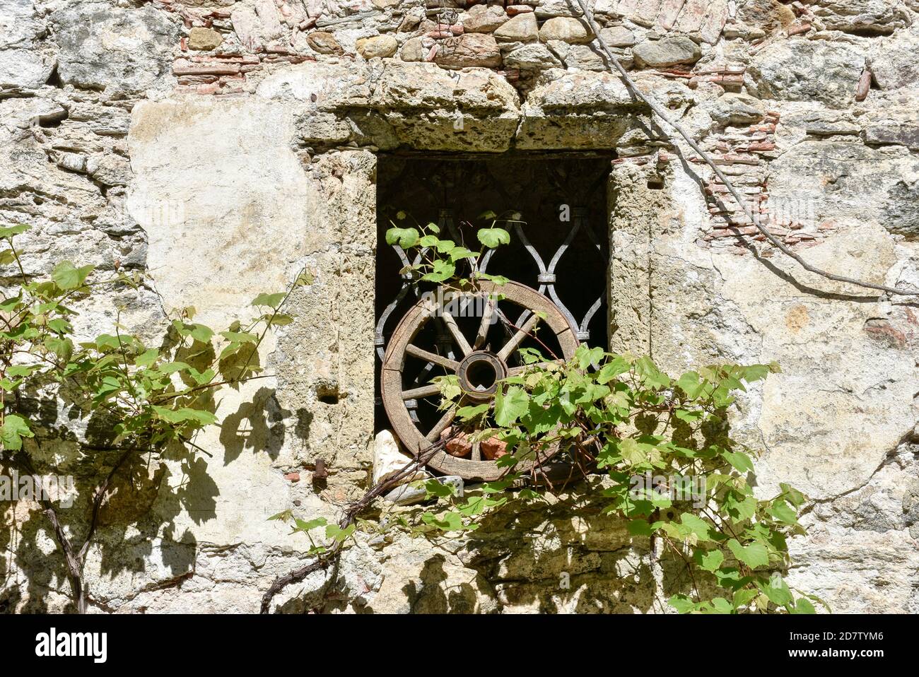 Gmünd, Gmünd in Kärnten, Stadt, Stadtkern, Altstadt, alte Burg, Burg Gmünd, Ruine, Burgruine, Rad, Holzrad, Kutschenrad, verwachsen, Höhenburg, Tor, F Stock Photo