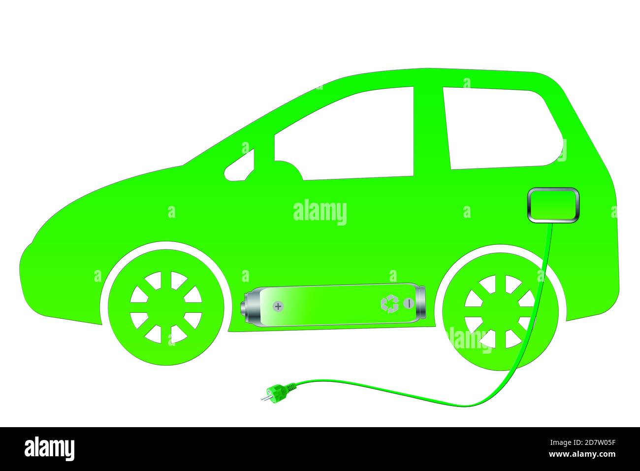 Elektroauto grün mit Akku und Ladekabel isoliert auf weißem Hintergrund Stock Photo