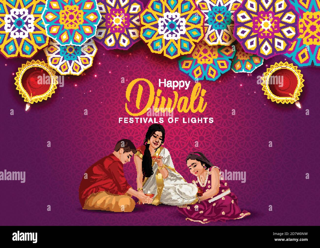 Happy Diwali celebration background. Top view of banner design decorated  with illuminated oil lamps on patterned yellow background. vector  illustratio Stock Vector Image & Art - Alamy