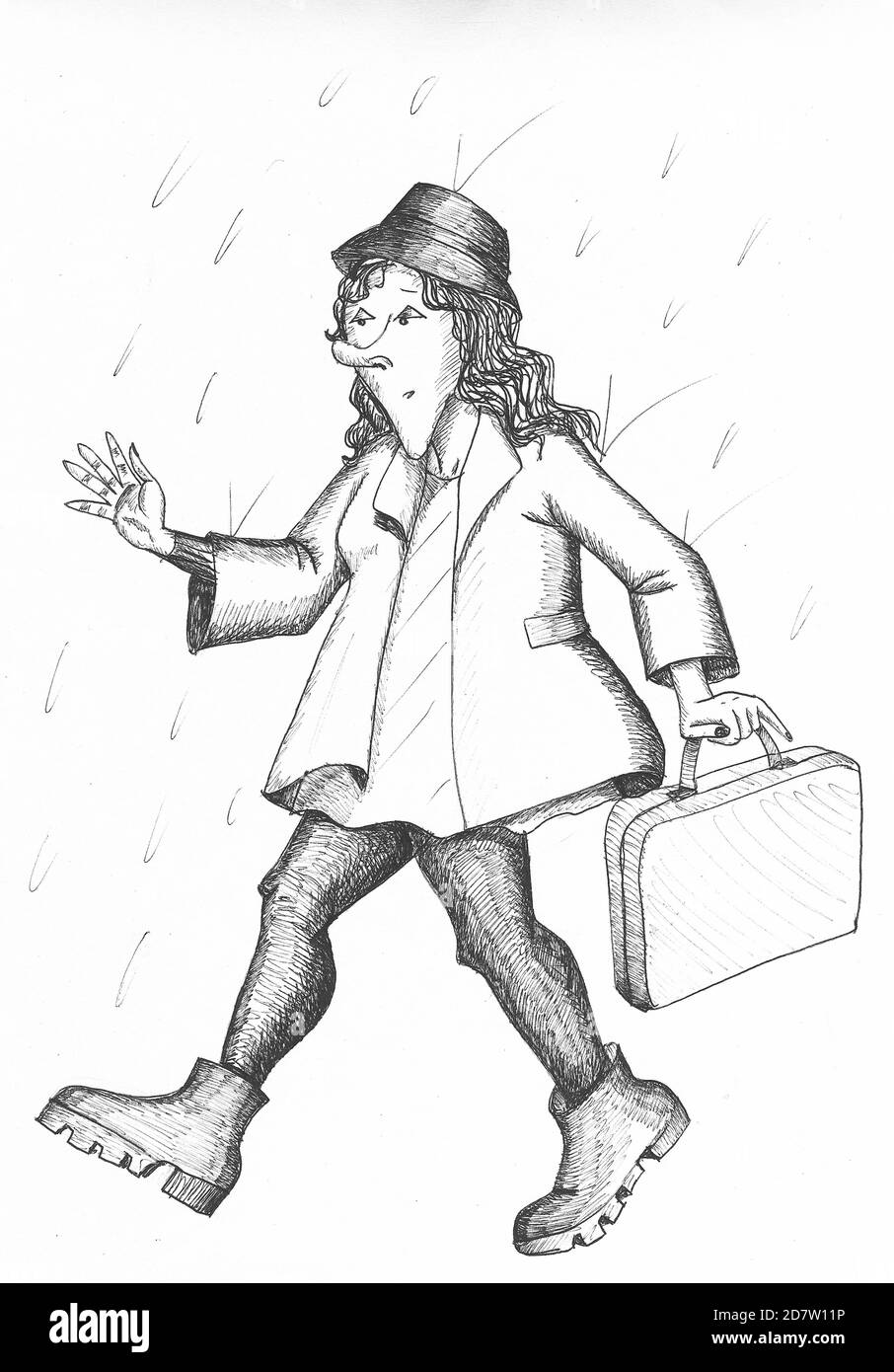 Woman wearing raincoat and galoshes. Illustration. Stock Photo